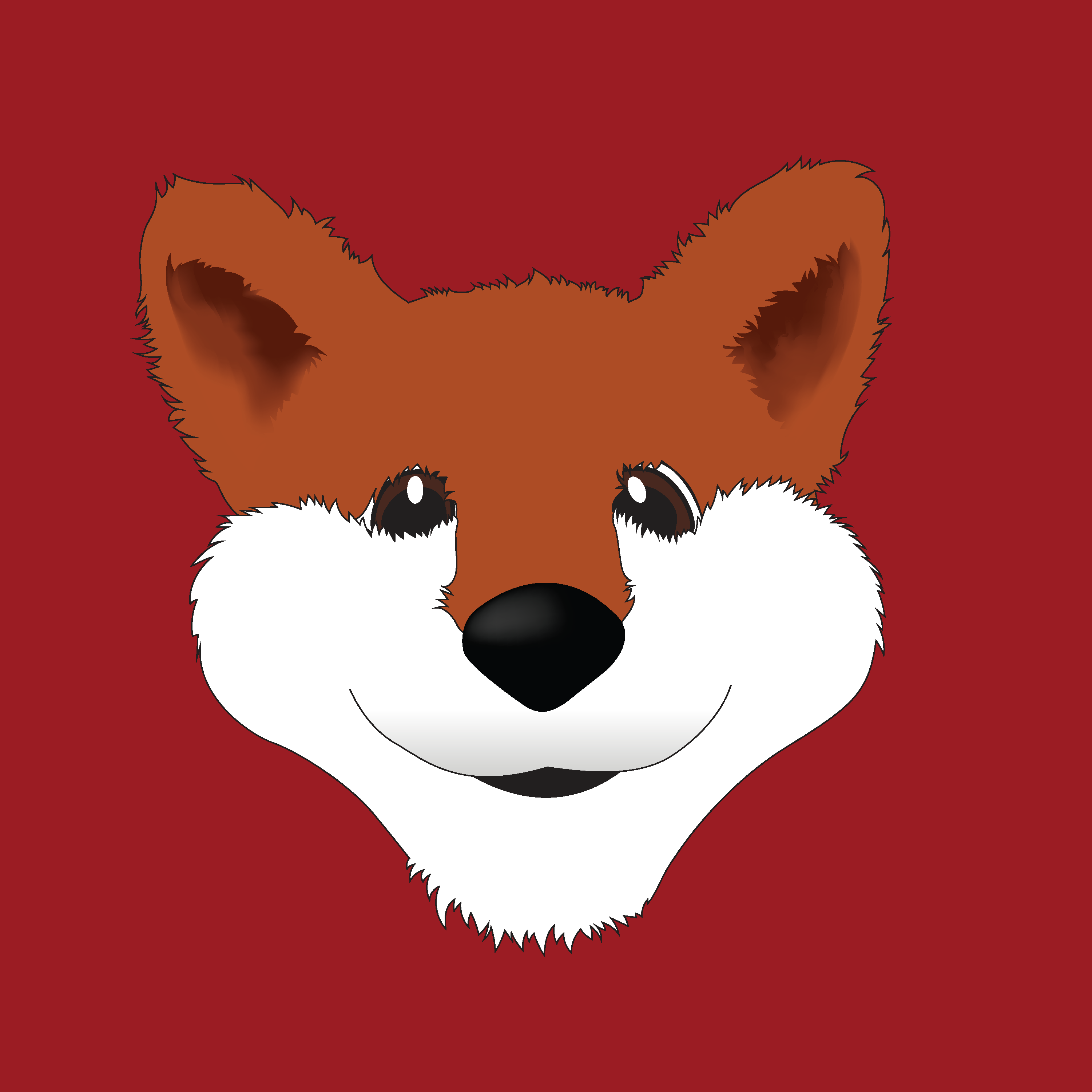 Digital illustration of an orange fox head on a maroon background.