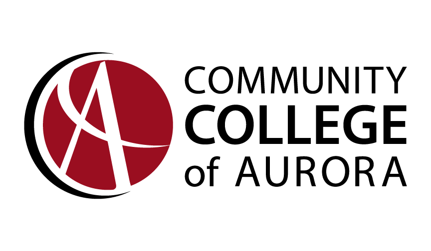 Logo for the Community College of Aurora, showing the title of the college and to the left, a maroon circle with an A in the center.