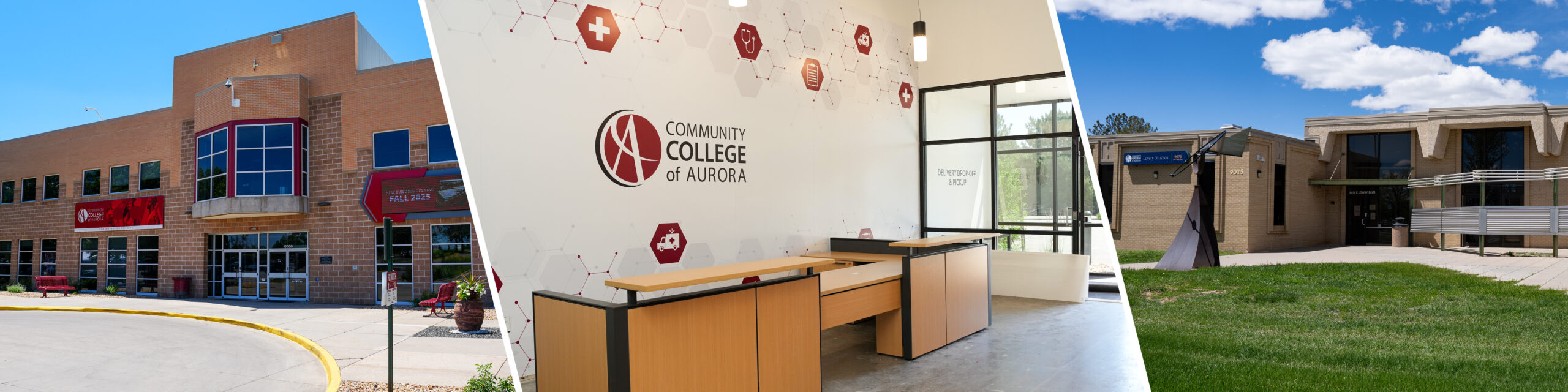 Composite image displaying all three Community College of Aurora campus locations from left to right: the Aurora campus featuring a two-story brick building with large windows and a red campus sign; the Centennial campus interior with a modern, welcoming reception area and CCA branding on the wall; and the Denver (Lowry) campus with a one-story tan brick building under a blue sky with scattered clouds.