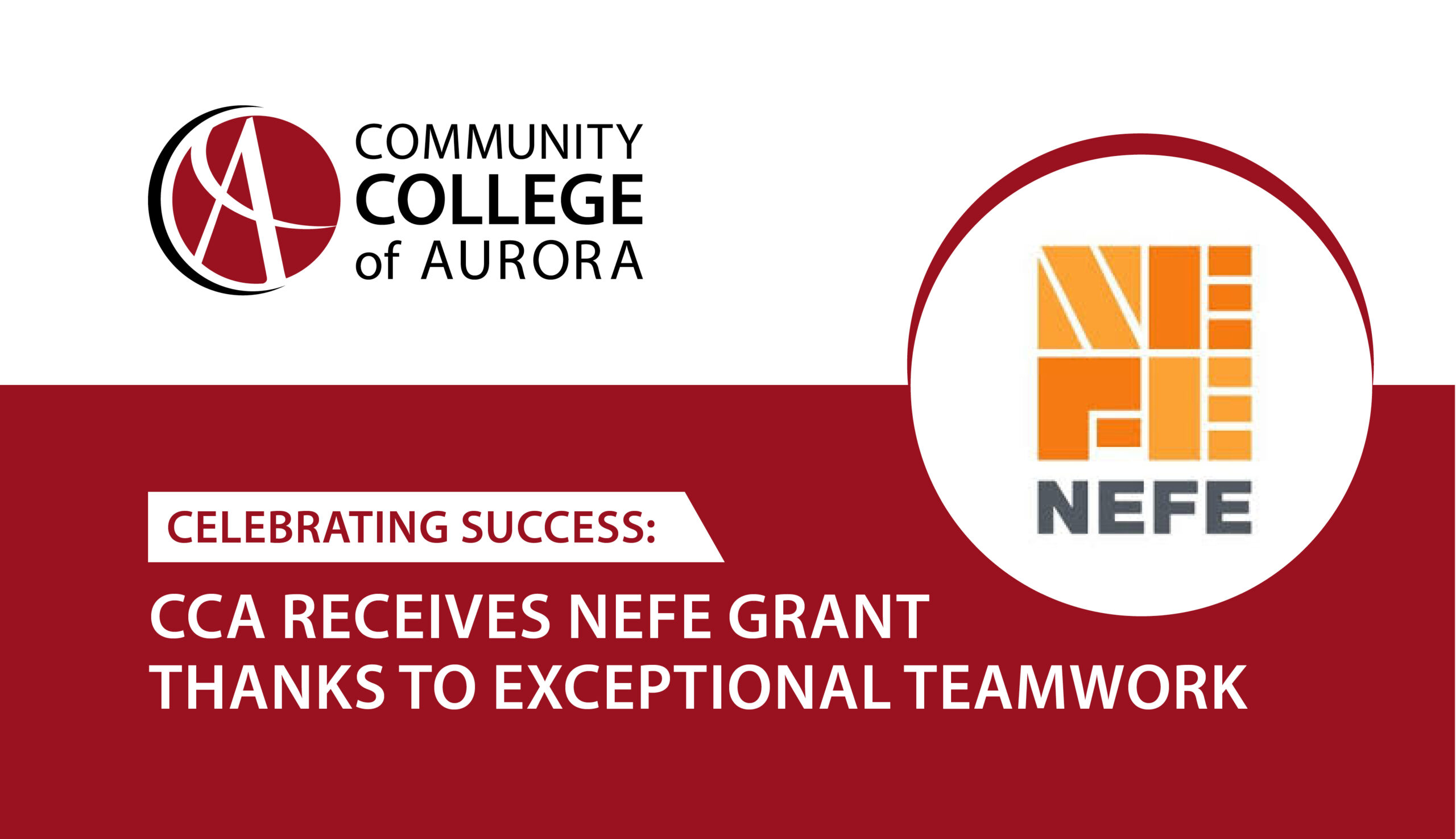 Banner graphic featuring the Community College of Aurora (CCA) logo on the left and the NEFE (National Endowment for Financial Education) logo in the center. On the right, white text on a red background reads: 