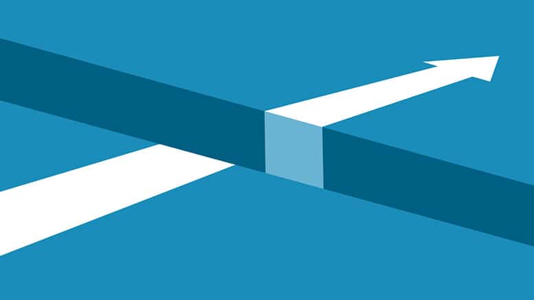 A computer generated graphic of a white arrow pointing to the upper right on a blue background. Through the middle runs a rectangular canyon. The tail of the arrow extends across the image, going down, up, and out the other side of the canyon.