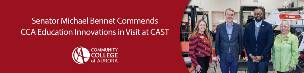 A group of four people stands smiling in an industrial setting. Text on a red background reads “Senator Bennet Commends CCA Education Innovations in Visit at CAST.”