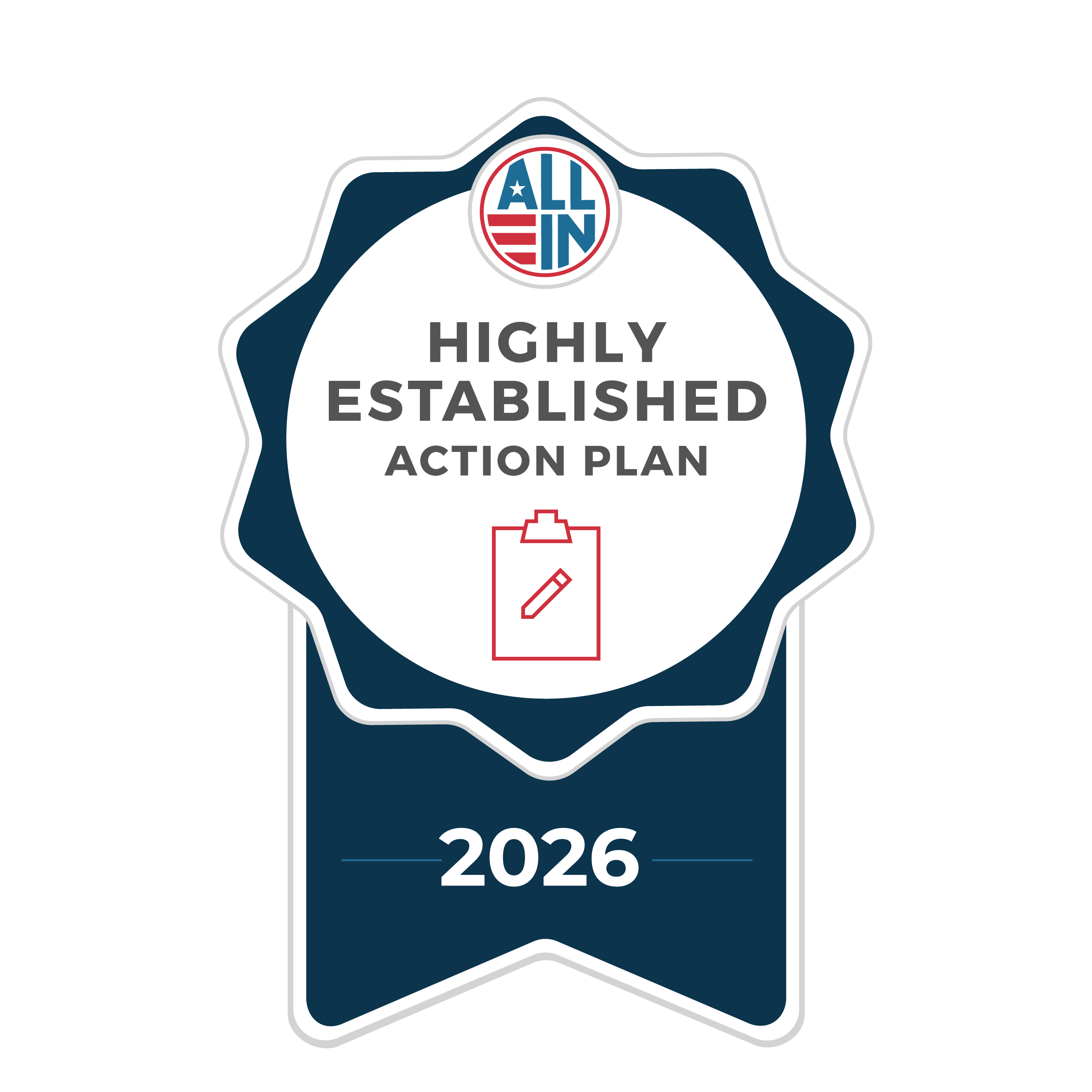 Badge with a ribbon, reading 'Highly Established Action Plan 2026.' Features the logo from the All In Democracy Challenge and a clipboard icon, set against a dark background.