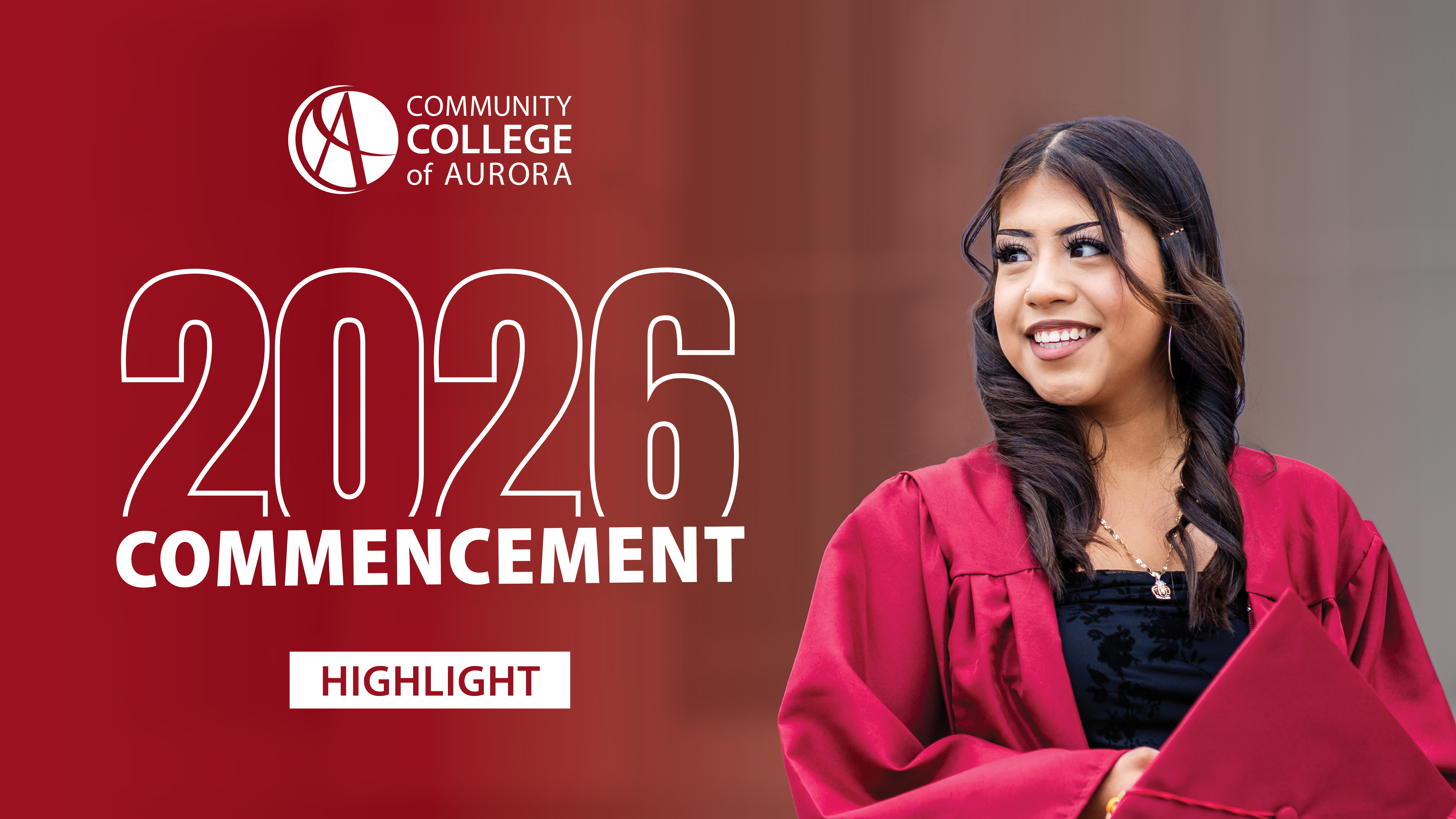 Smiling graduate in a red gown holds a cap; text reads 