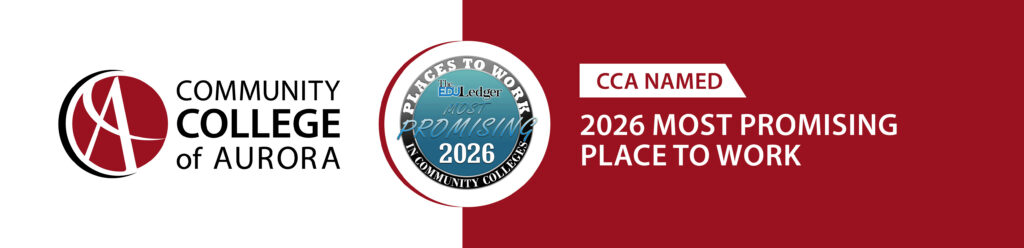 Community College of Aurora logo with a badge reading '2026 Promising Places to Work in Community Colleges' next to text announcing the college received this recognition from The EDU Ledger.