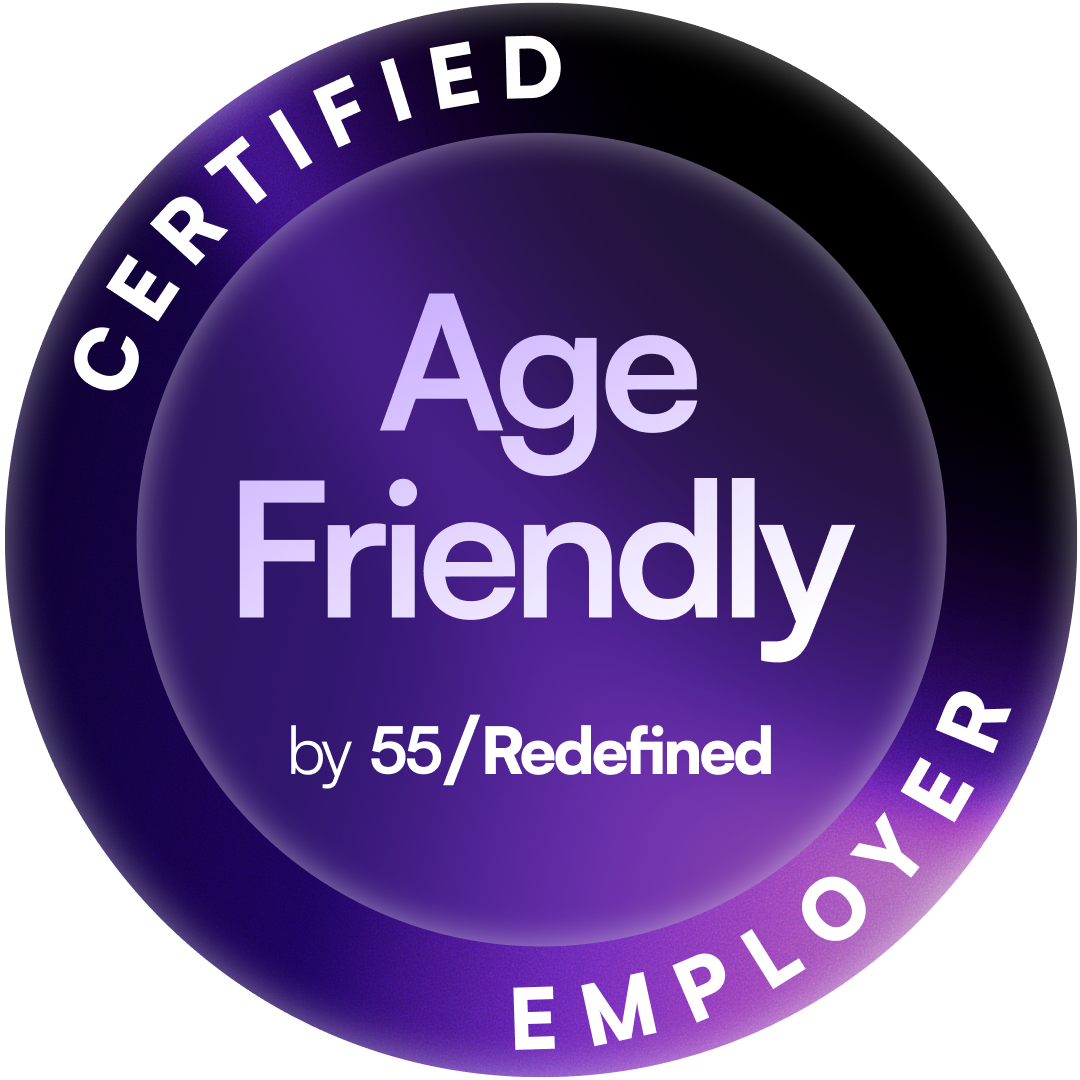Purple circular certification badge with the words “Certified Employer” displayed prominently in the center. The badge features a dark-to-light purple gradient with a glossy, three-dimensional appearance. Around the outer ring, white capital letters spell “CERTIFIED” across the top and “EMPLOYER” across the bottom. Beneath the main text, the logo reads “by 55/Redefined.” The design conveys an official certification or recognition status.
