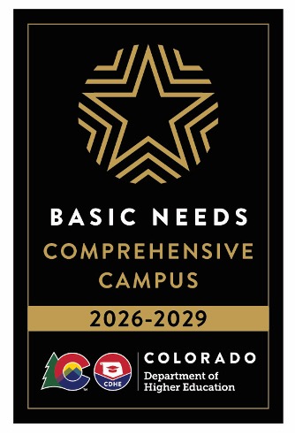 Gold star emblem above text reading 'Basic Needs Comprehensive Campus 2026-2029' on black background. Colorado Department of Higher Education logo below.