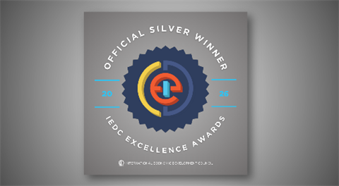 Gray award graphic with a blue rosette and colorful medal emblem, labeled 'Official Silver Winner' and 'Web Excellence Awards,' conveying polished recognition.