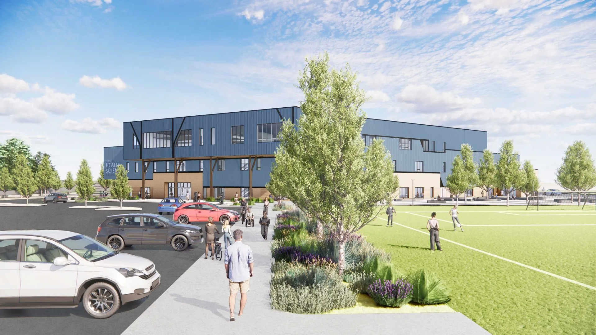 Architectural rendering of a modern two-story building, with people walking, parked cars, landscaped paths, and a sunny green lawn.
